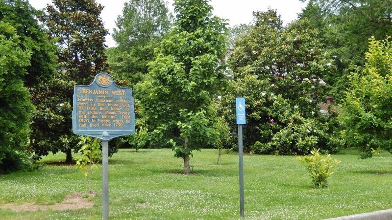 Benjamin West Marker (<i>wide view • Benjamin West House in background, obscured by trees</i>) image. Click for full size.