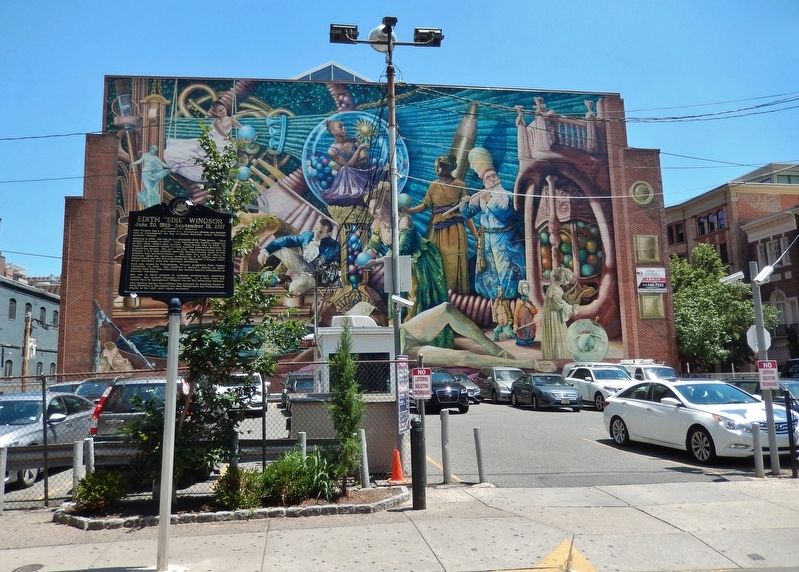 Edith "Edie" Windsor Marker<br>(<i>wide view from South 13th Street parking lot in background</i>). Click for full size. Edith "Edie" Windsor Marker<br>(<i>wide view from South 13th Street parking lot in background</i>) image. Click for full size.