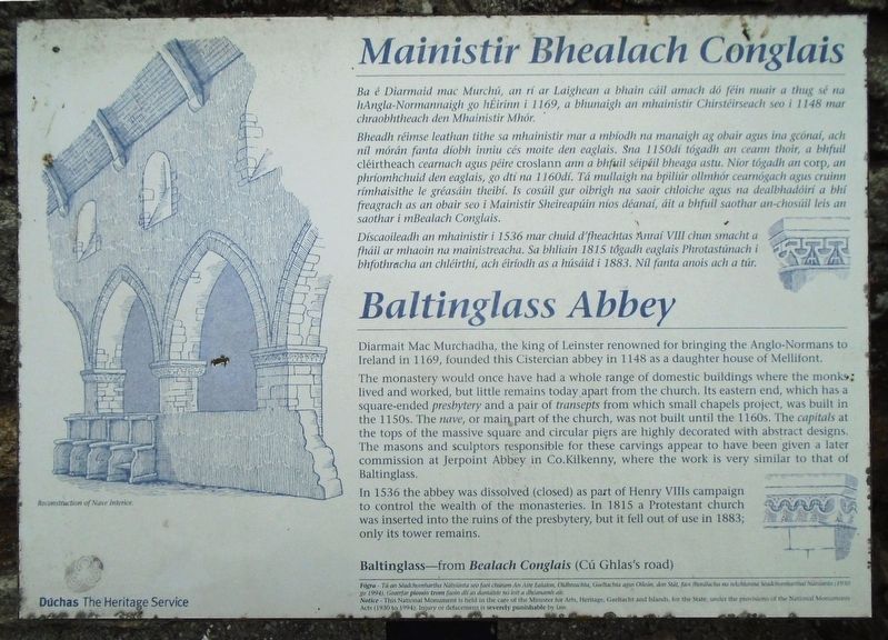 Mainistir Bhealach Conglais / Baltinglass Abbey Marker. Click for full size. Mainistir Bhealach Conglais / Baltinglass Abbey Marker image. Click for full size.