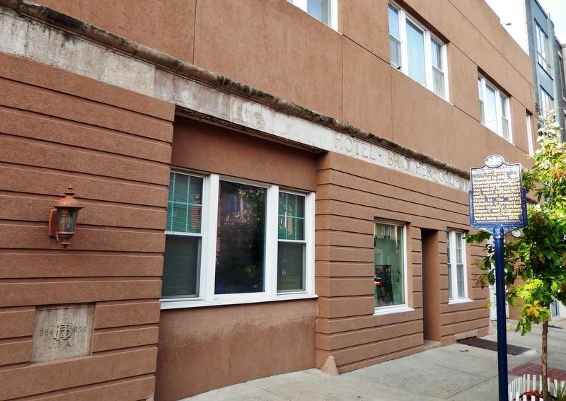Hotel Brotherhood USA Marker<br>(<i>view looking east along sidewalk headquarters on left </i>). Click for full size. Hotel Brotherhood USA Marker<br>(<i>view looking east along sidewalk headquarters on left </i>) image. Click for full size.
