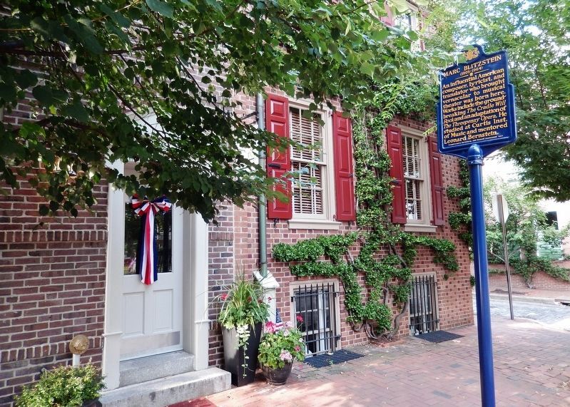 Marc Blitzstein Marker<br>(<i>view looking east along sidewalk Blitzstein house on left</i>). Click for full size. Marc Blitzstein Marker<br>(<i>view looking east along sidewalk Blitzstein house on left</i>) image. Click for full size.