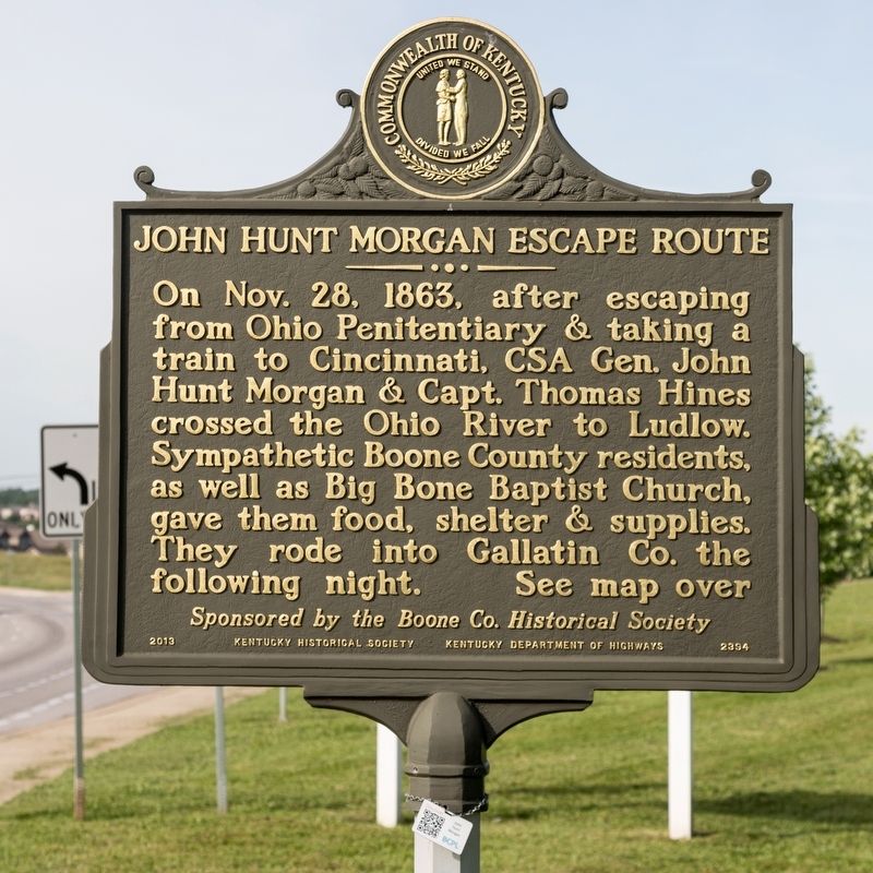 John Hunt Morgan Escape Route Marker, side one image. Click for full size.