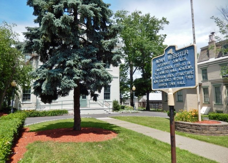 Noah Webster Marker (<i>wide view from sidewalk • Goshen Town Hall in background</i>). Click for full size. Noah Webster Marker (<i>wide view from sidewalk • Goshen Town Hall in background</i>) image. Click for full size.