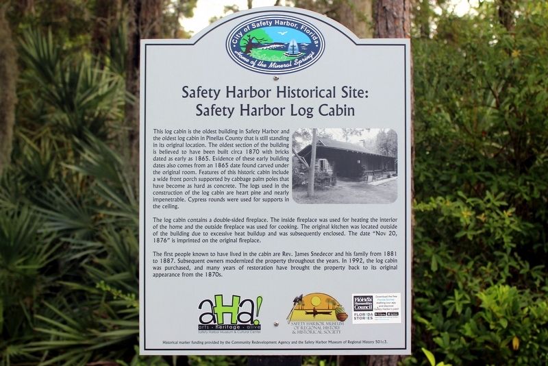 Safety Harbor Historical Site: Safety Harbor Log Cabin Marker. Click for full size. Safety Harbor Historical Site: Safety Harbor Log Cabin Marker image. Click for full size.