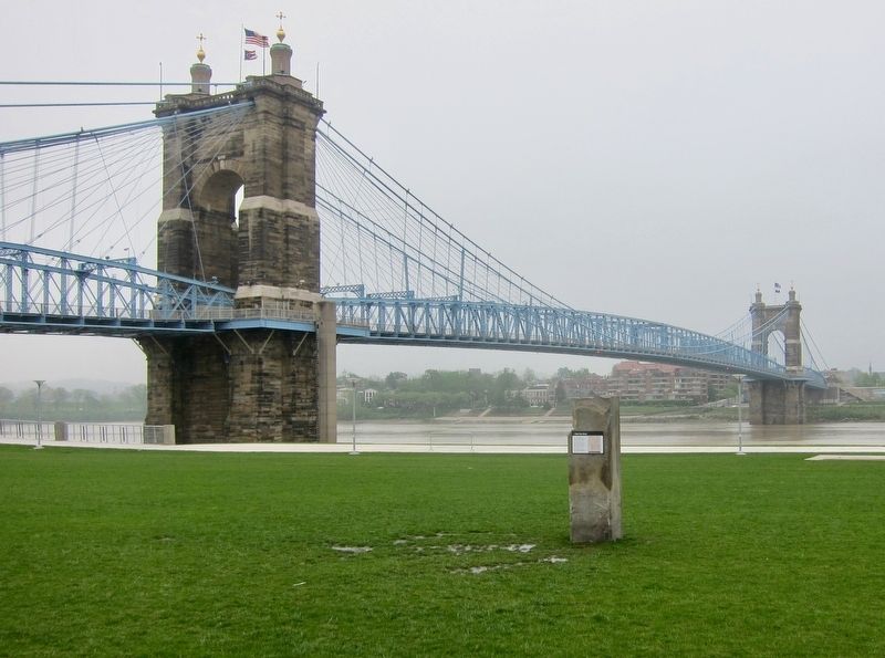 1 West Vine Street Marker - wide view, with Roebling Suspension Bridge in background image. Click for full size.