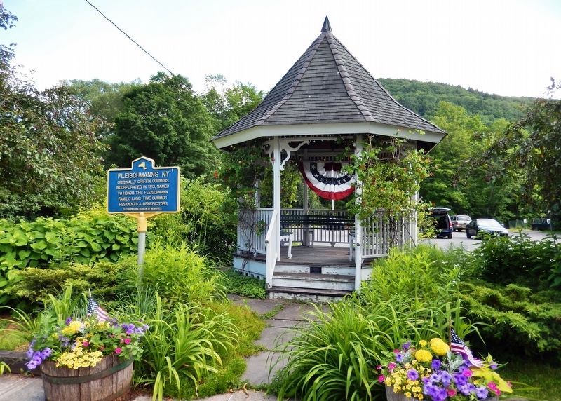 Fleischmanns NY Marker<br>(<i>wide view • gazebo and parking lot in background</i>) image. Click for full size.