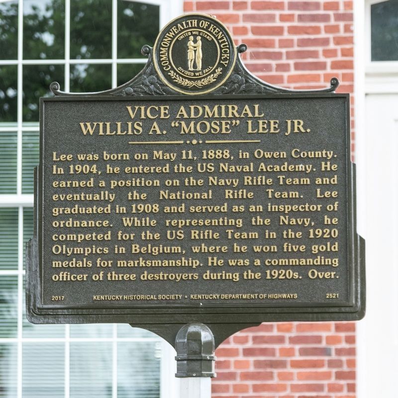 Vice Admiral William A. “Mose” Lee Jr. Marker, side one image. Click for full size.