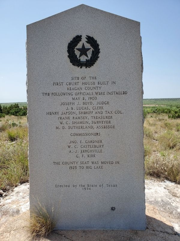 Site of the First Court House Built in Reagan County Marker image. Click for full size.