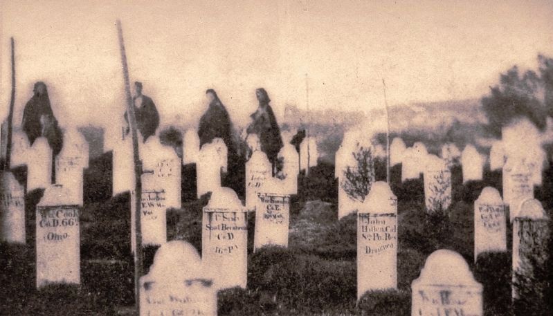 Marker detail: Mourners at Alexandria National Cemetery, Virginia, c. 1865 image. Click for full size.