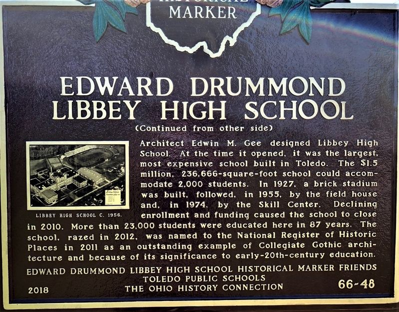 Edward Drummond Libbey High School Marker reverse image. Click for full size.