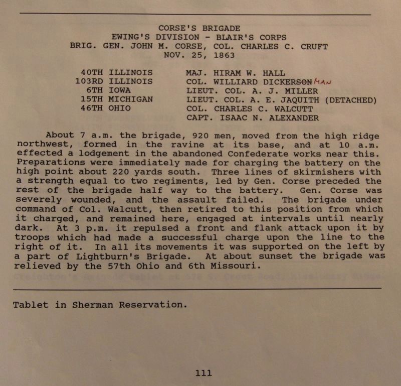 Corse's Brigade Marker. Click for full size. Corse's Brigade Marker image. Click for full size.