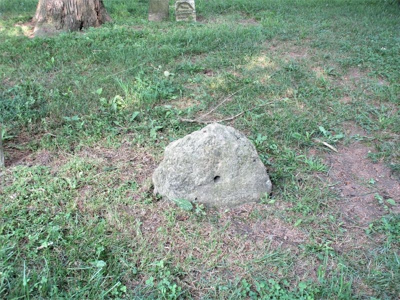 The original stone, set near the trunk on the tree. Note the hole where a flag was attached. image. Click for full size.