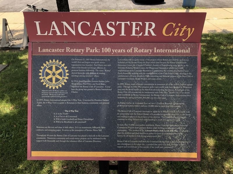 Lancaster Rotary Park: 100 years of Rotary International Marker image. Click for full size.