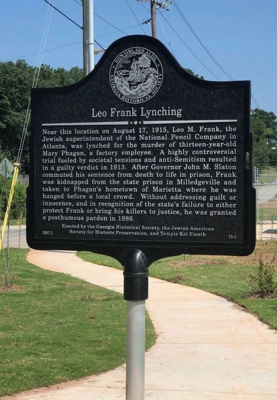 Georgia Historical Society marker - Leo Frank Lynching image. Click for full size.