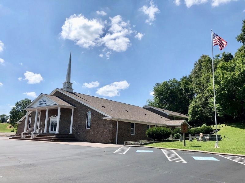 Clear Fork Baptist Church with marker between church and flag pole. image. Click for full size.