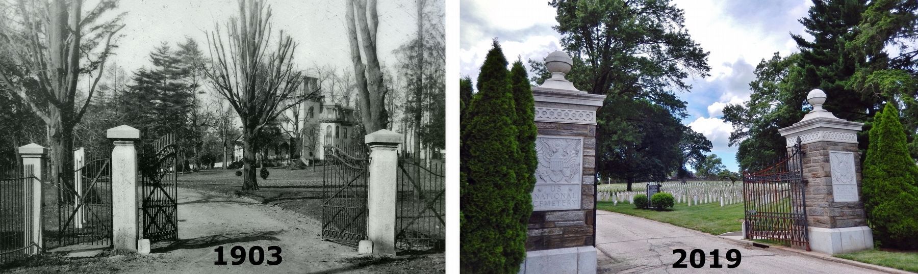 Marker detail: View of cemetery entrance, 1903 & 2019  the gate was replaced in 1940 image. Click for full size.