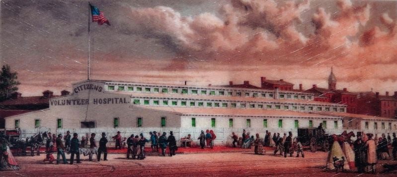 Marker detail: Citizens Volunteer Hospital, c. 1865 image. Click for full size.