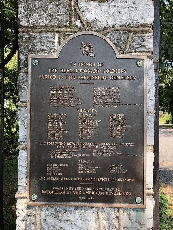 In Honor of the Revolutionary Soldiers Buried in the Harrisburg Cemetery Marker image. Click for full size.