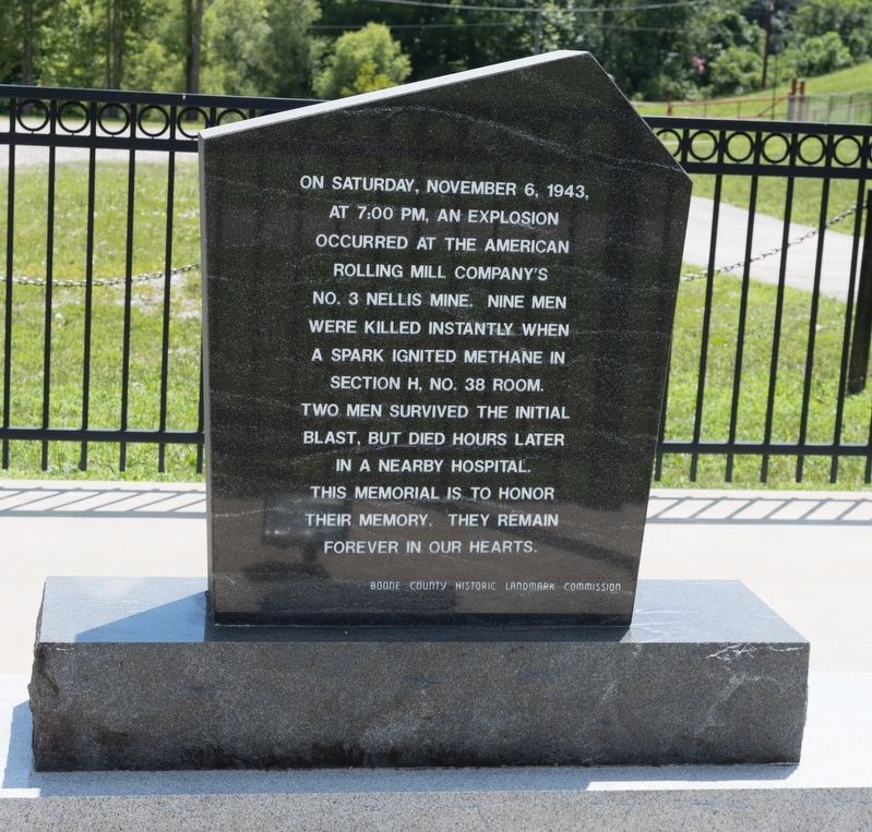 Nellis No. 3 Mine Explosion Monument, back side. Click for full size. Nellis No. 3 Mine Explosion Monument, back side image. Click for full size.