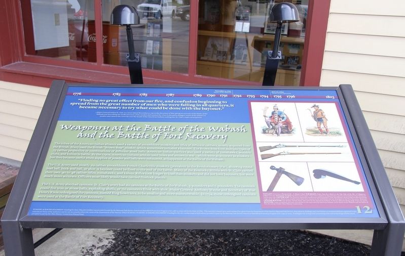 Weaponry at the Battle of the Wabash and the Battle of Fort Recovery Marker. Click for full size. Weaponry at the Battle of the Wabash and the Battle of Fort Recovery Marker image. Click for full size.