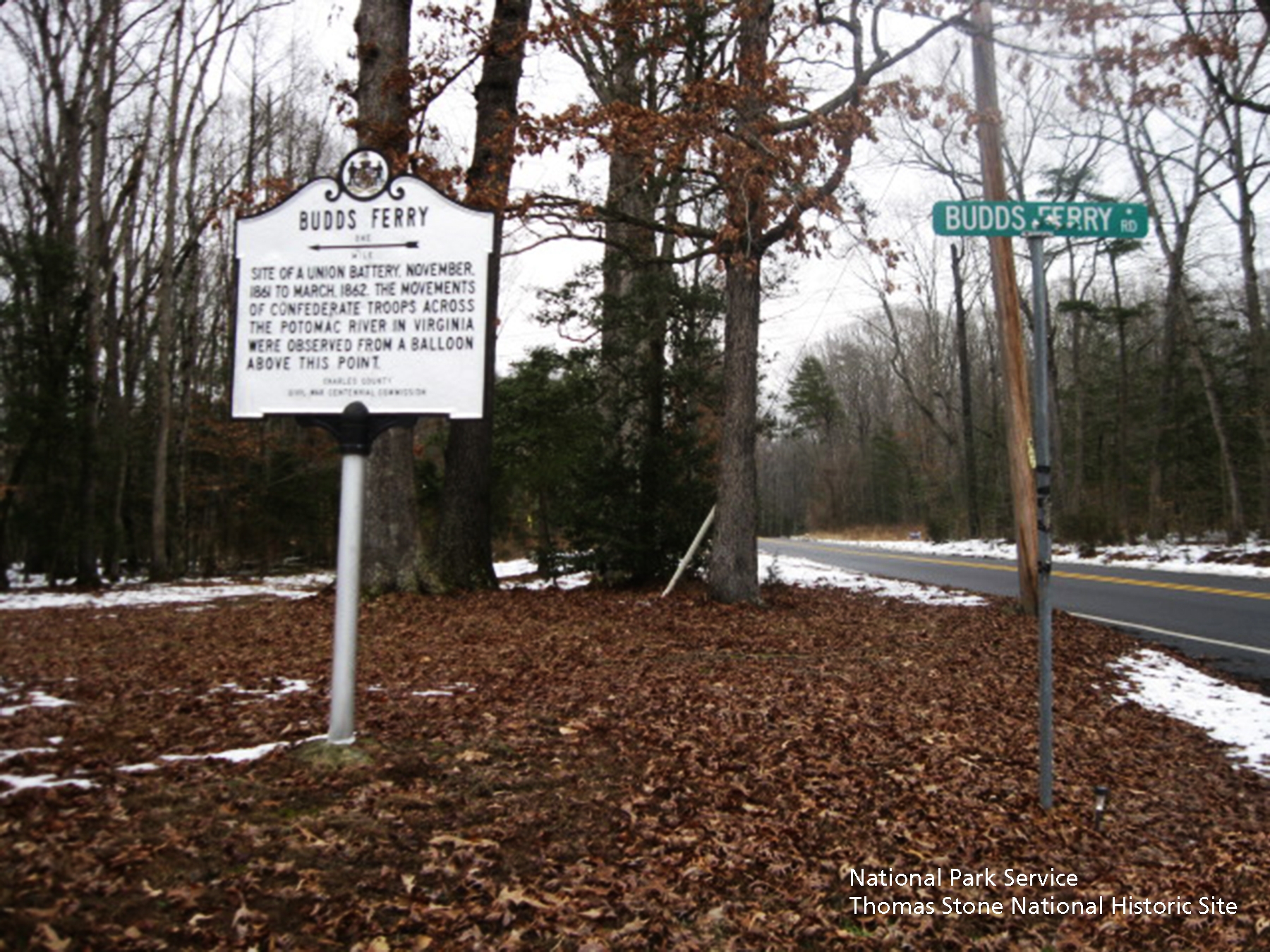 Budds Ferry Marker and Budds Ferry Road Sign