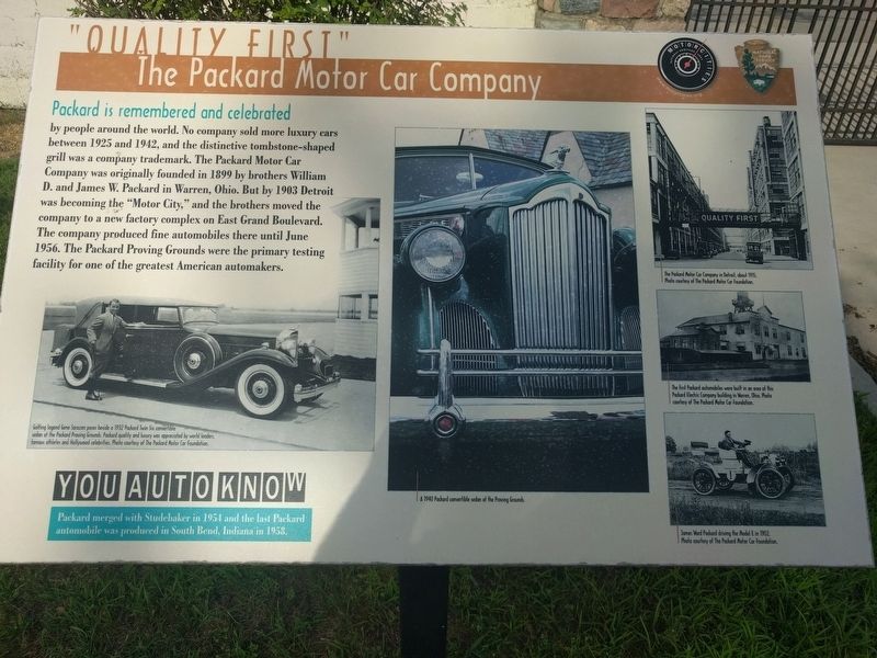 "Quality First": The Packard Motor Car Company Marker. Click for full size. "Quality First": The Packard Motor Car Company Marker image. Click for full size.