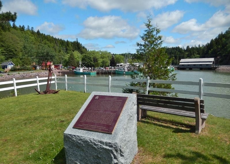 Shipbuilding in New Brunswick Marker<br>(<i>wide view • cove and covered bridge in background</i>) image. Click for full size.