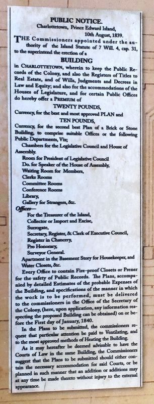 Marker detail: Notice of competition for design of building image. Click for full size.