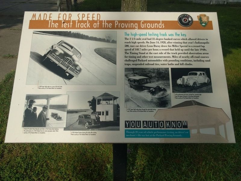 Made for Speed: The Test Track at the Proving Grounds Marker. Click for full size. Made for Speed: The Test Track at the Proving Grounds Marker image. Click for full size.