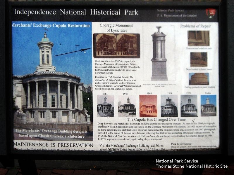 Merchants' Exchange Cupola Restoration Marker. Click for full size. Merchants' Exchange Cupola Restoration Marker image. Click for full size.