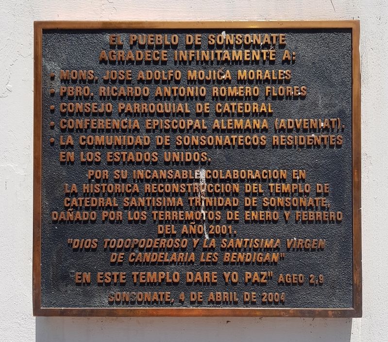 The Cathedral of Sonsonate and the 2001 Earthquakes Marker image. Click for full size.
