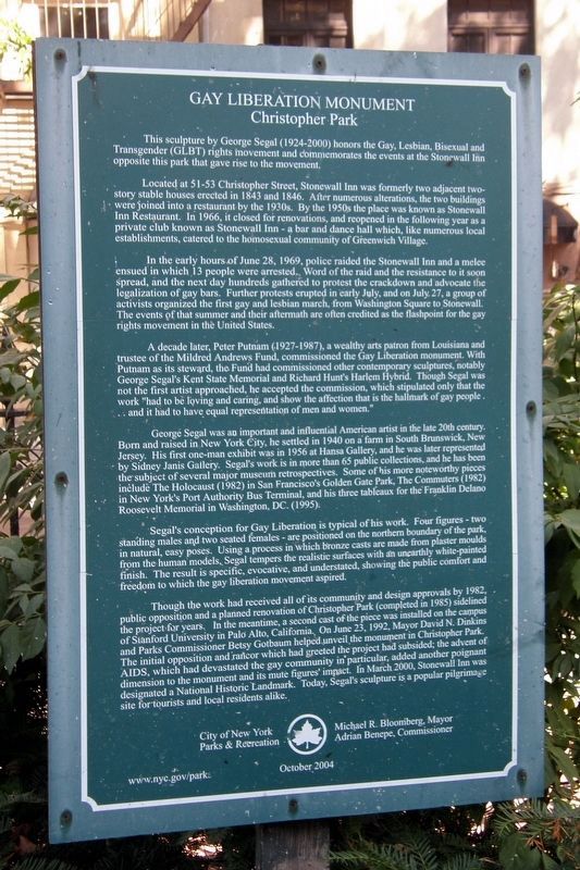 New York City Parks & Recreation Gay Liberation Monument marker. Click for full size. New York City Parks & Recreation Gay Liberation Monument marker image. Click for full size.