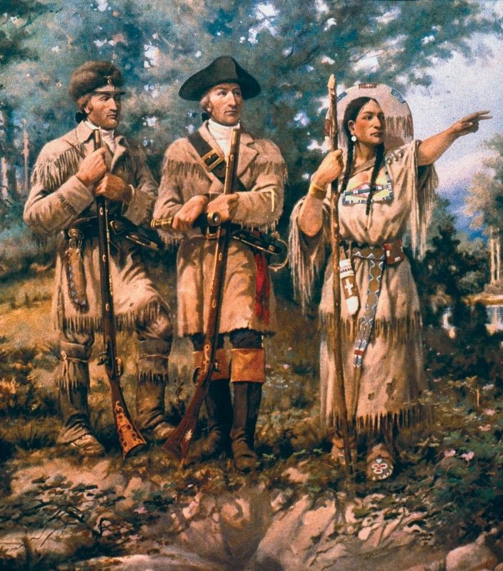 Sacagawea (right) with Lewis and Clark image. Click for full size.