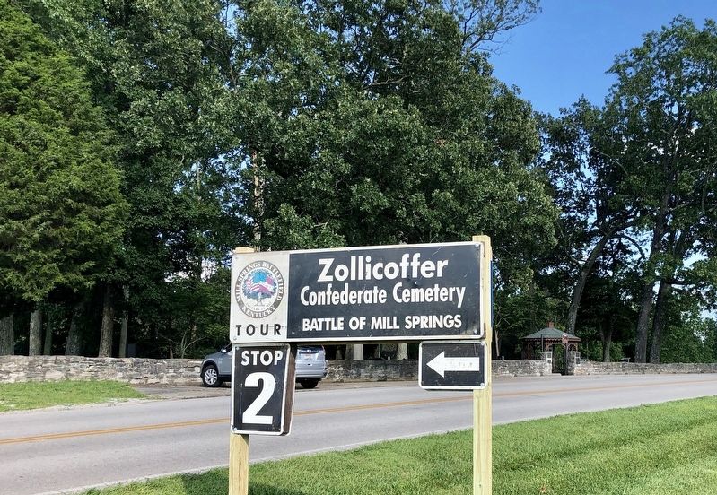Tour Stop #2, Zollicoffer Confederate Cemetery with marker on right. image. Click for full size.