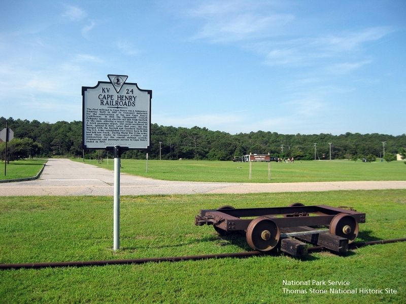 Cape Henry Railroad Marker and railway equipment.. Click for full size. Cape Henry Railroad Marker and railway equipment. image. Click for full size.