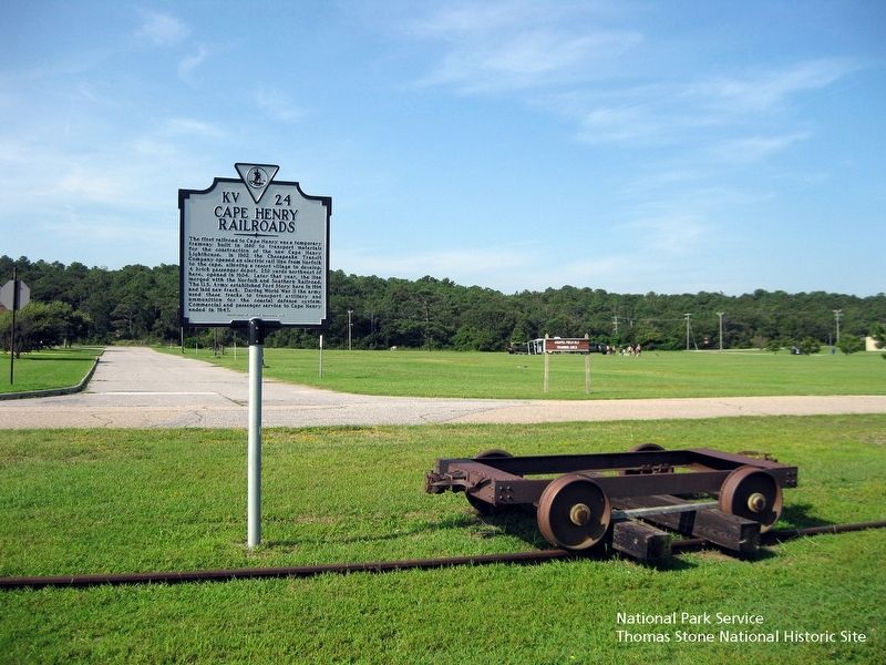 Cape Henry Railroad Marker and railway equipment. image. Click for full size.