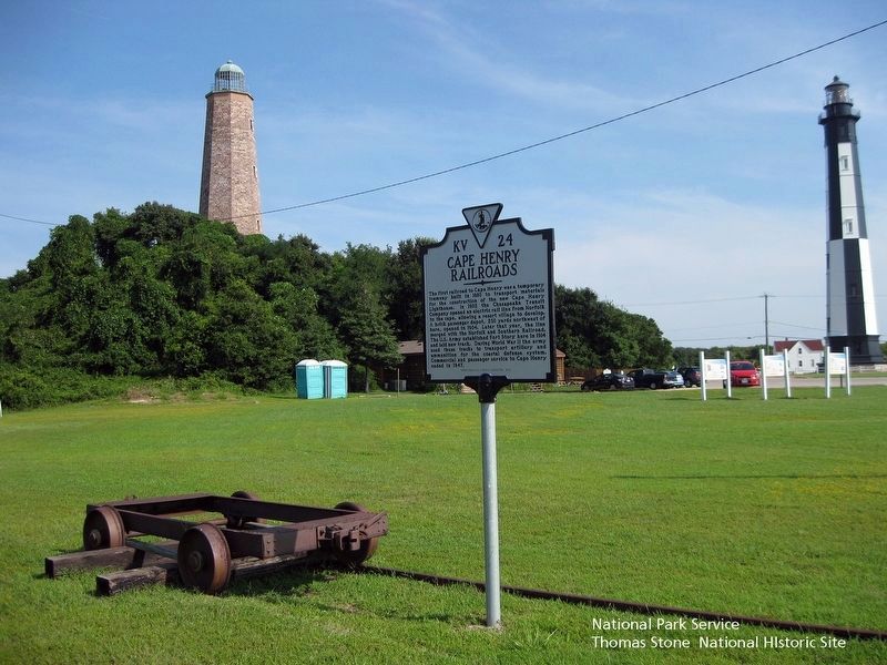 Cape Henry Railroad Marker, railway equipment, and both Cape Henry Lighthouses. image. Click for full size.