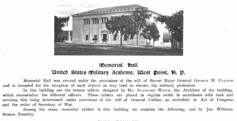 Introduction to a list of memorial tablets at Memorial Hall, West Point image. Click for full size.