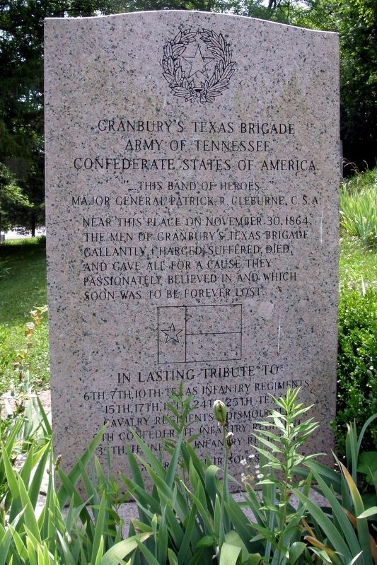 Brigadier General Hiram B. Granbury Marker, rear. Click for full size. Brigadier General Hiram B. Granbury Marker, rear image. Click for full size.