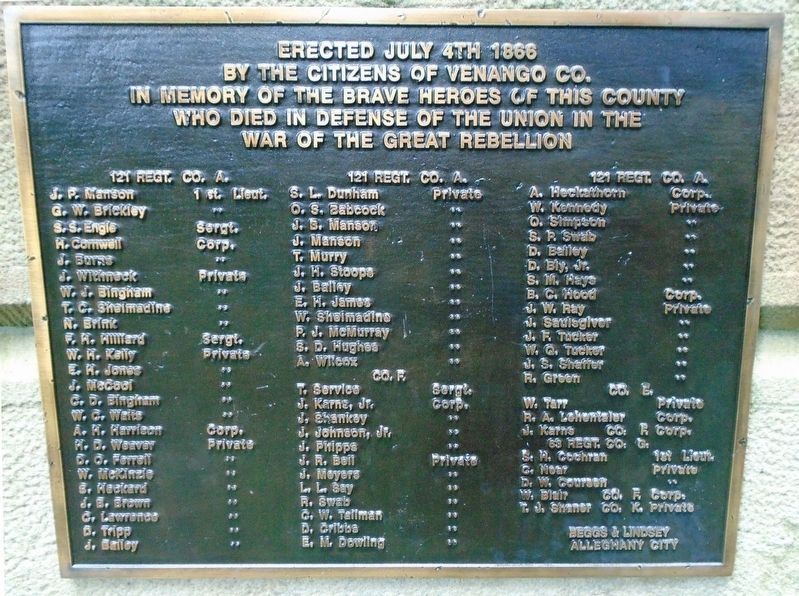Venango County Civil War Monument Panel. Click for full size. Venango County Civil War Monument Panel image. Click for full size.