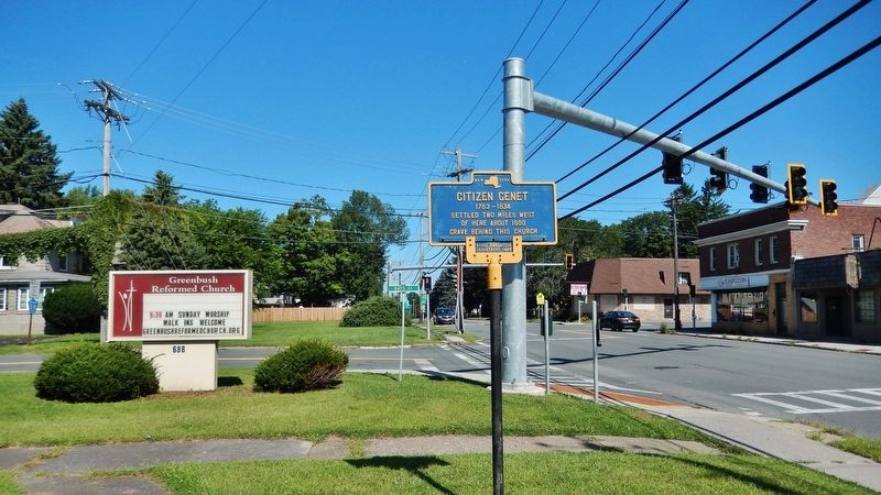 Citizen Genet Marker<br>(<i>wide view looking west along Columbia Turnpike</i>). Click for full size. Citizen Genet Marker<br>(<i>wide view looking west along Columbia Turnpike</i>) image. Click for full size.