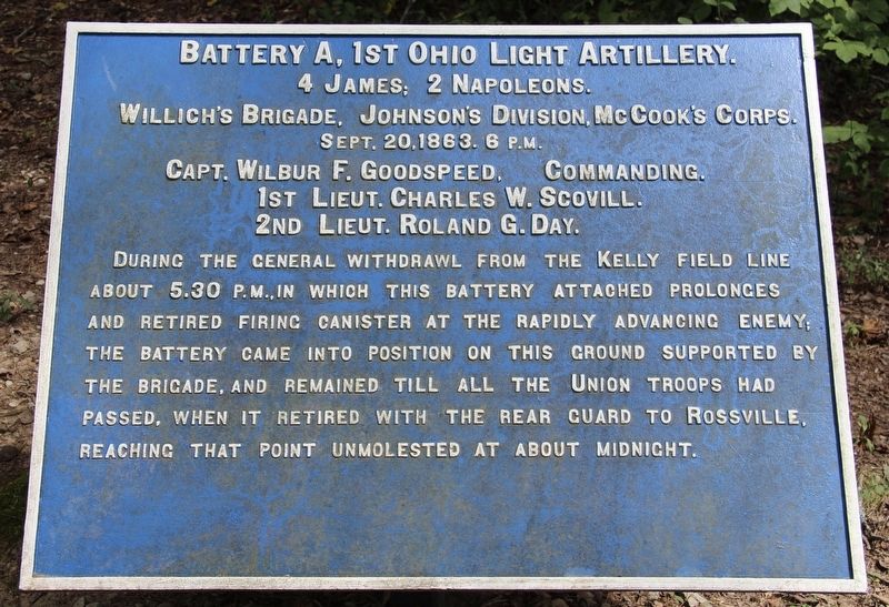 Battery A, 1st Ohio Light Artillery Marker. Click for full size. Battery A, 1st Ohio Light Artillery Marker image. Click for full size.