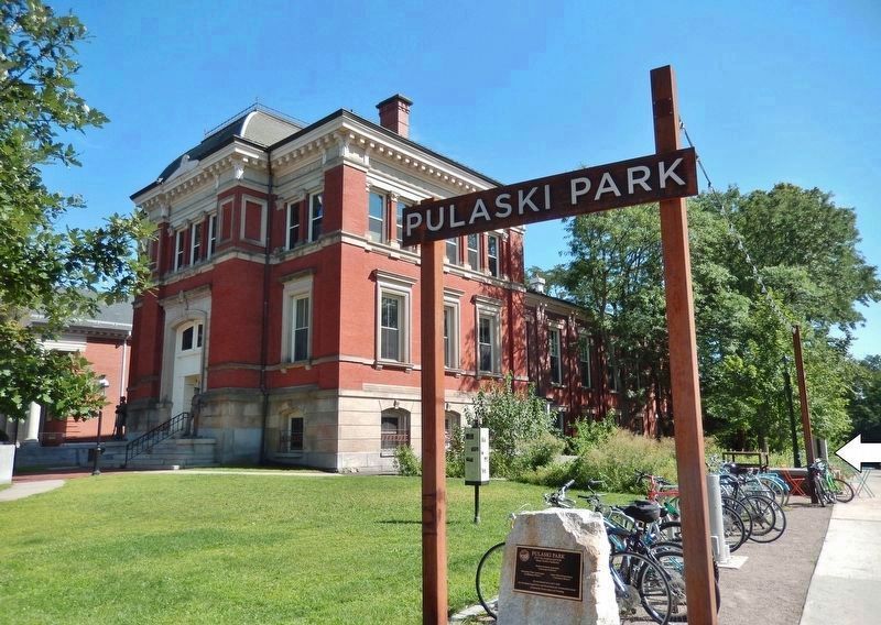 Pulaski Park (<i>view south from Main Street •<br>marker visible edge-on in background</i>) image. Click for full size.