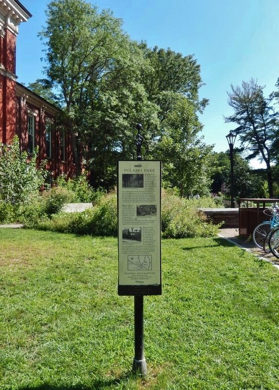Pulaski Park Marker (<i>tall view Pulaski Park in background Memorial Hall on left</i>). Click for full size. Pulaski Park Marker (<i>tall view Pulaski Park in background Memorial Hall on left</i>) image. Click for full size.