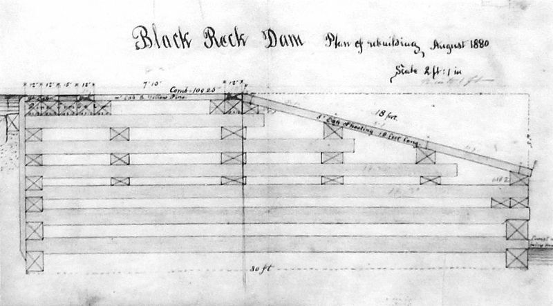 Marker detail: Drawing of timber crib dam similar to those built on the Lehigh River image. Click for full size.