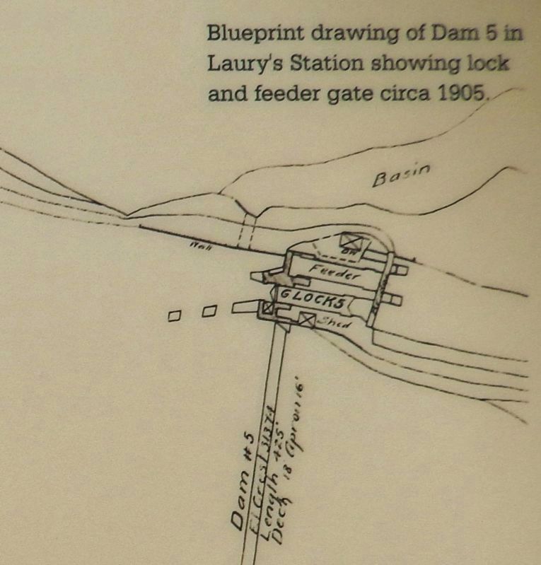 Marker detail: Blueprint drawing of Dam 5 in Laury's Station showing lock and feeder gate circa 1905 image. Click for full size.