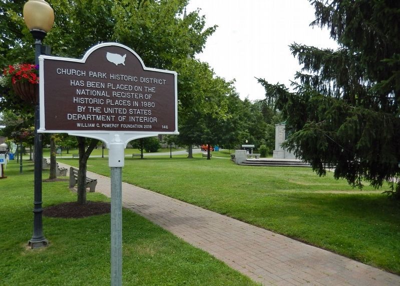 Church Park Historic District Marker<br>(<i>wide view � Main Street left � Church Park right</i>) image. Click for full size.