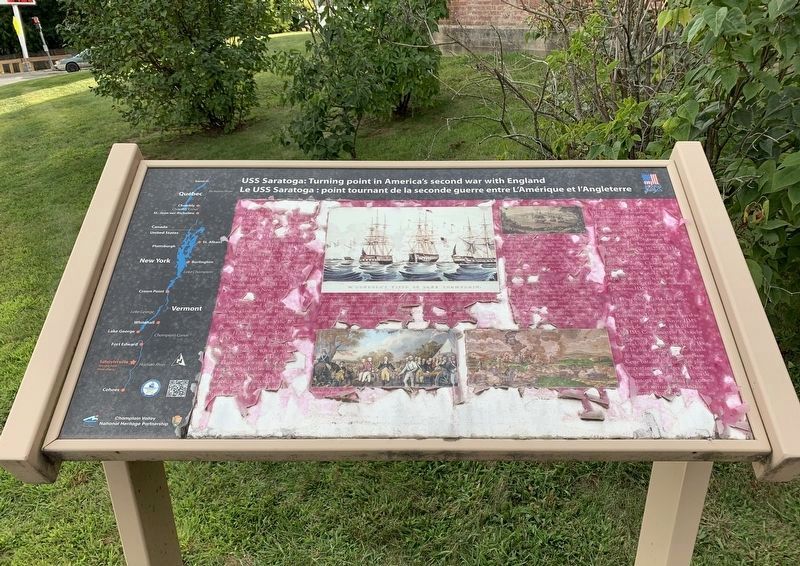 USS Saratoga: Turning point in America’s second war with England Marker. Click for full size. USS Saratoga: Turning point in America’s second war with England Marker image. Click for full size.