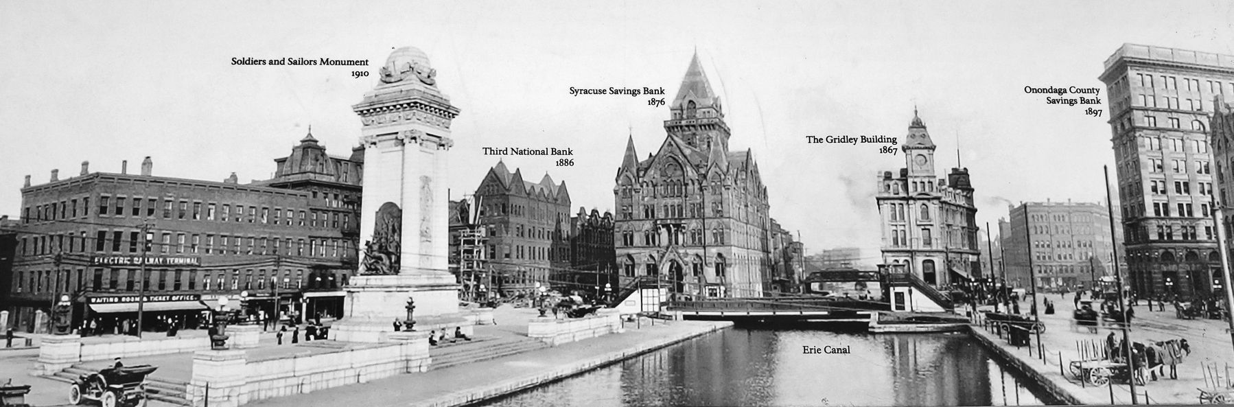 Marker detail: Panoramic view  looking east across Clinton Square image. Click for full size.