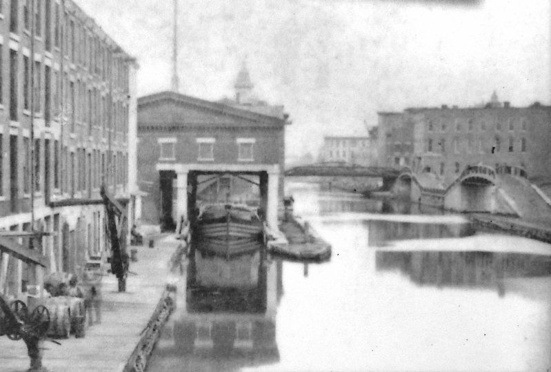 Marker detail: 1875 view of canal boat in Weighlock, looking west toward Clinton Square image. Click for full size.